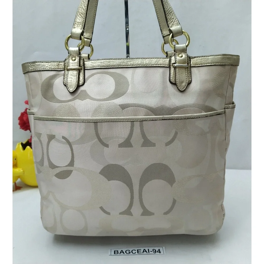 Coach Signature Cream Beige Canvas Leather Trim Double Handles Tote Shoulder Bag